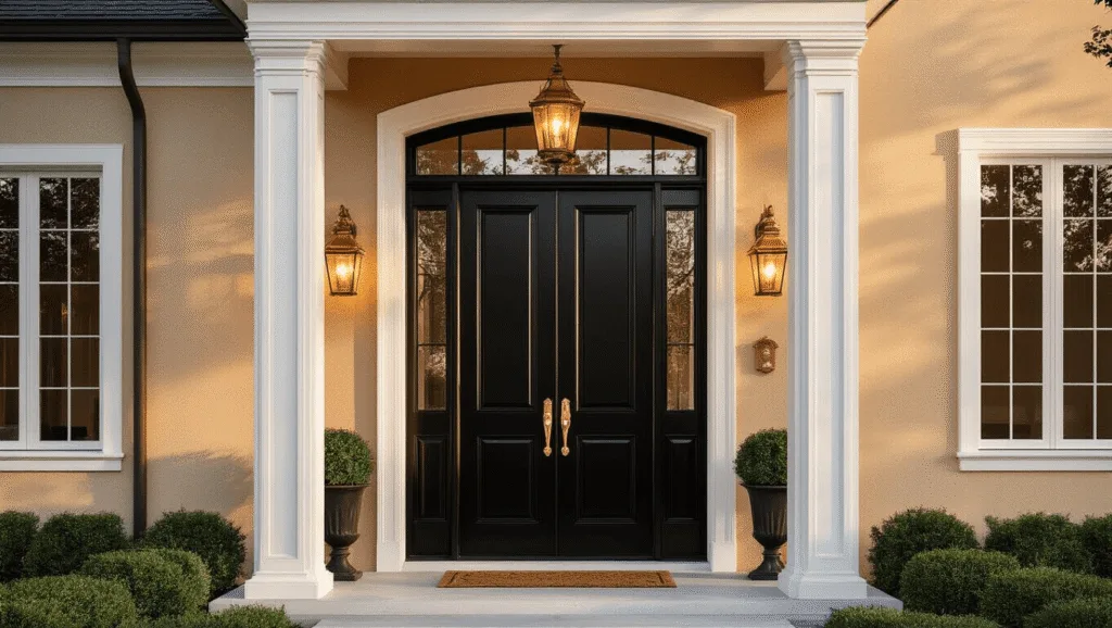 "Elegant tan stucco house with black door, brass hardware, white trim, and copper lanterns during the golden hour"