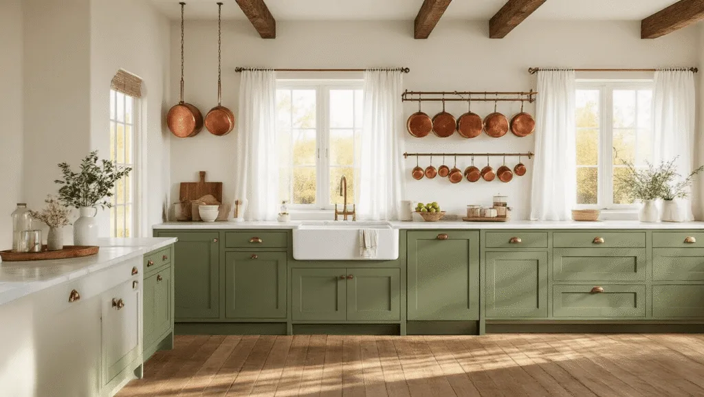 "Cozy farmhouse kitchen with white walls, sage green cabinets, wooden floors and copper accents bathed in soft morning light."