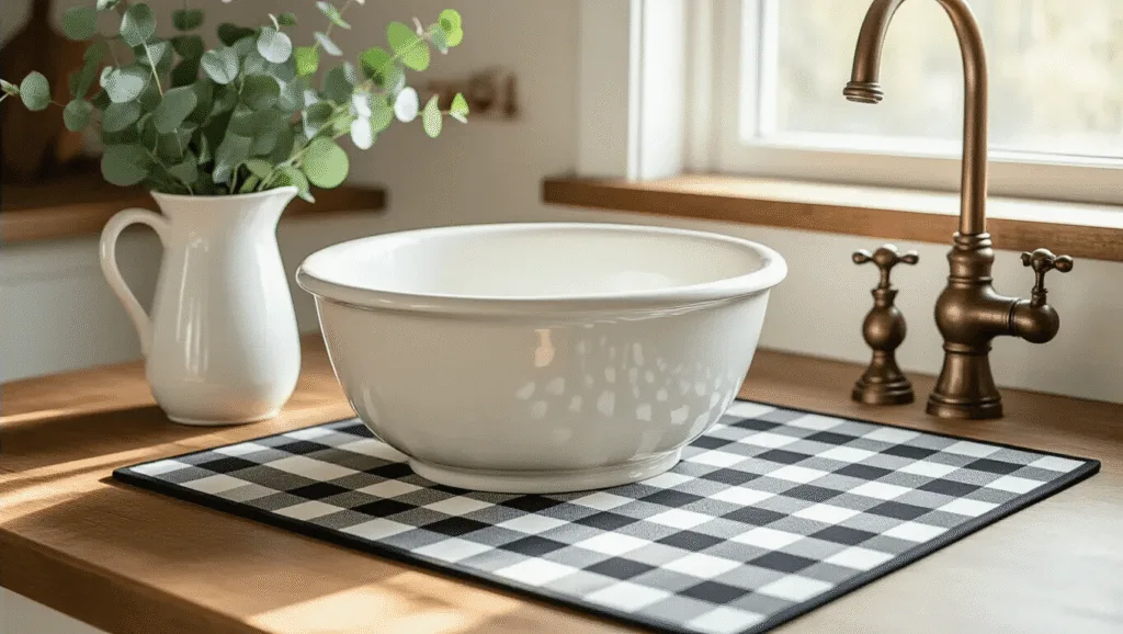 "Farmhouse kitchen with black and cream buffalo check pattern mat, antique ceramic sink, white pitcher with fresh eucalyptus, and warm natural lighting"