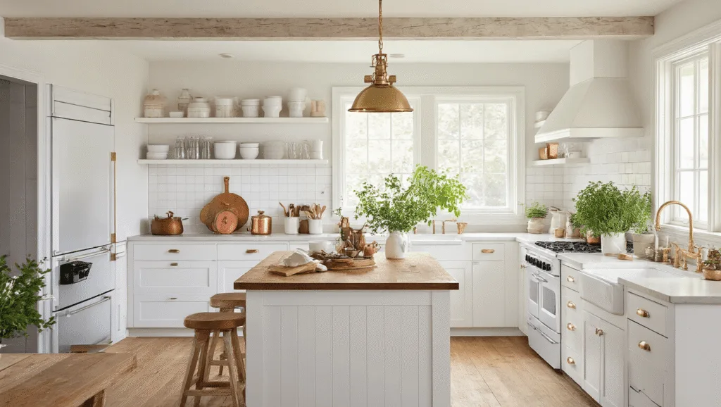 "Sunlit farmhouse kitchen with white shaker cabinets, oak floors, central island, brass pendant lights, vintage copper cookware, fresh herbs, and wooden cutting boards on neutral background"
