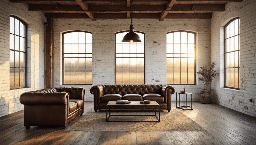 "Industrial farmhouse living room with distressed leather sofa, steel coffee table, whitewashed brick walls, wooden beams, vintage lights, and warm sunlight."