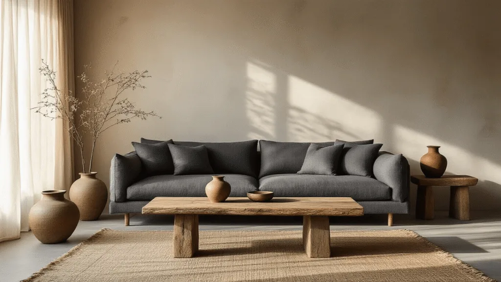 "Serene Japandi living room with charcoal linen sofa, raw oak coffee table, natural fiber rug, and handmade ceramic vessels on neutral background during golden hour"