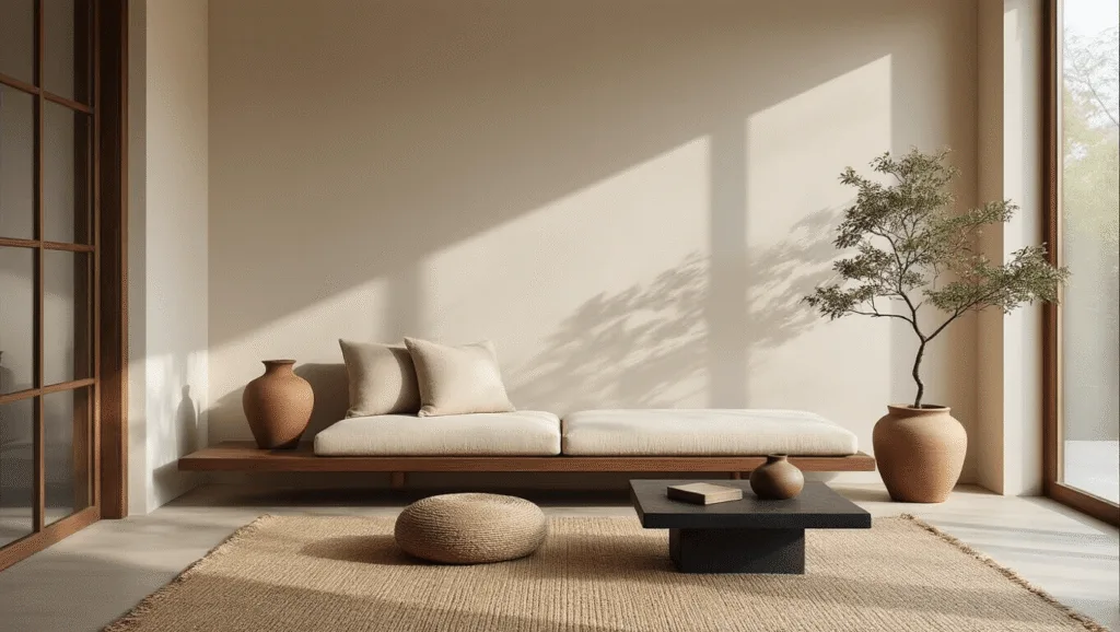 "Minimalist Japandi style living room with natural materials and soft lighting"