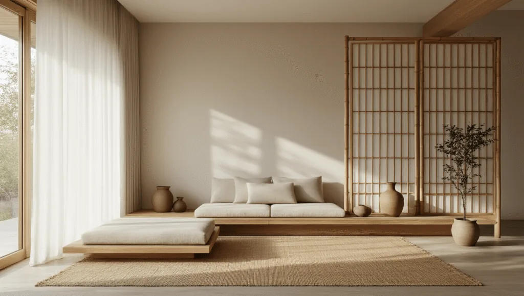 "Serene Japandi style living room with minimalistic wooden furniture, natural jute rug, bamboo divider, ceramic decor, and morning light filtering through sheer curtains"