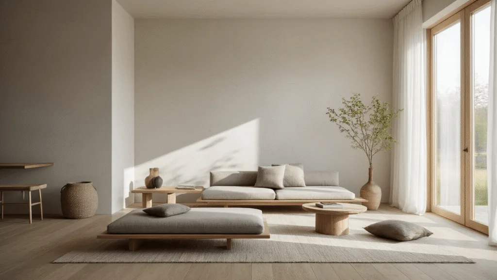 "Minimalist Japandi style living room with white plaster walls, oak platform sofa, floor-to-ceiling windows with sheer curtains, bathed in soft morning light, creating a Zen atmosphere."