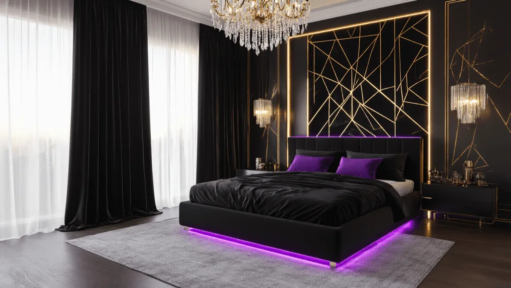 "Luxurious bedroom with black velvet curtains, satin sheets, purple LED lights, golden accents, a crystal chandelier and a geometric mural"