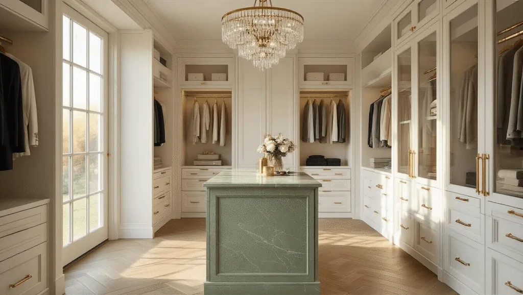 "Luxurious walk-in closet with white oak cabinets, glass displays, a marble island, and golden hour light"