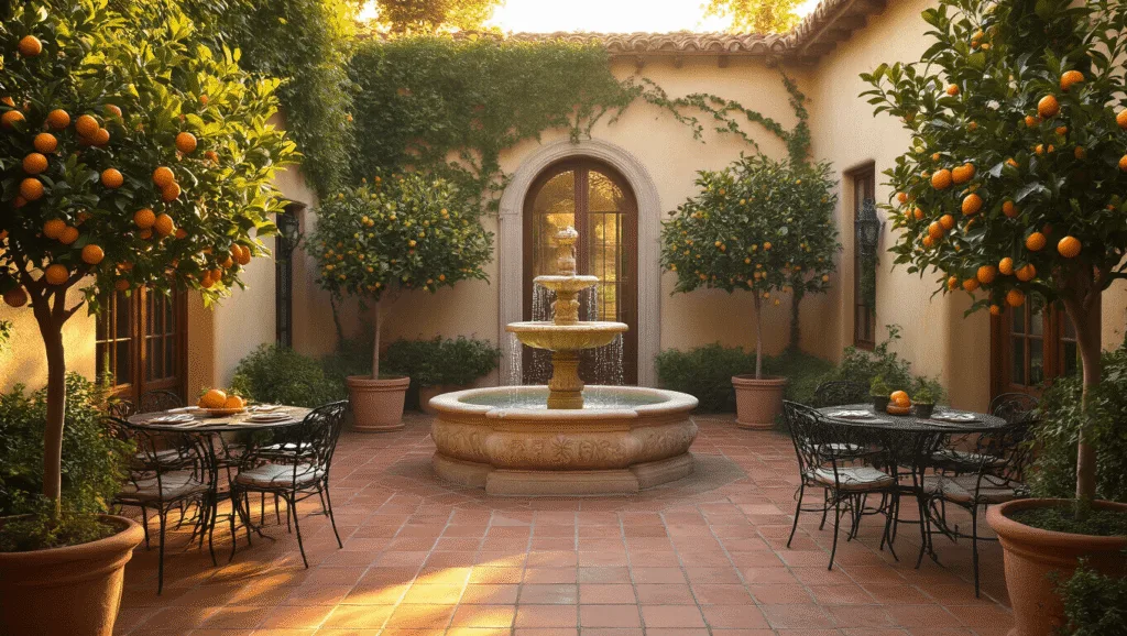 "Mediterranean courtyard with stone fountain, citrus trees, wrought iron furniture on terracotta tiles, bathed in warm golden hour light"