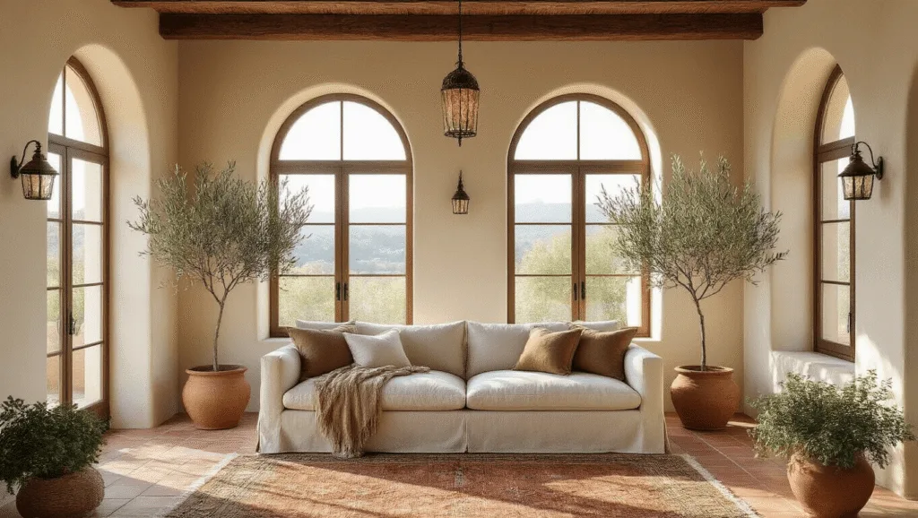 "Mediterranean living room with arched windows, terracotta tiles, wrought iron accents and rustic wood, bathed in warm natural sunlight"