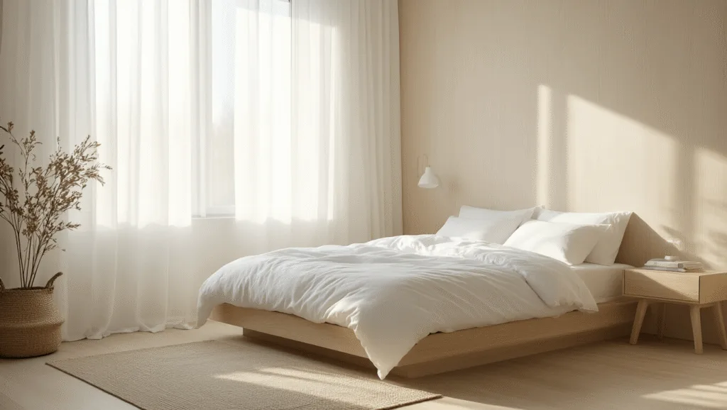 "Minimalist Scandinavian tiny bedroom with platform bed, white linens, pale wood wall and morning light through sheer curtains"