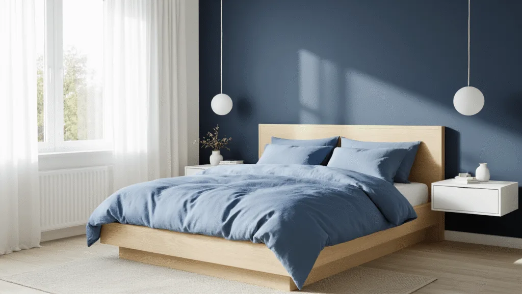 "Minimalist Scandinavian bedroom with white oak bed, powder blue duvet, navy accent wall, and natural morning light"