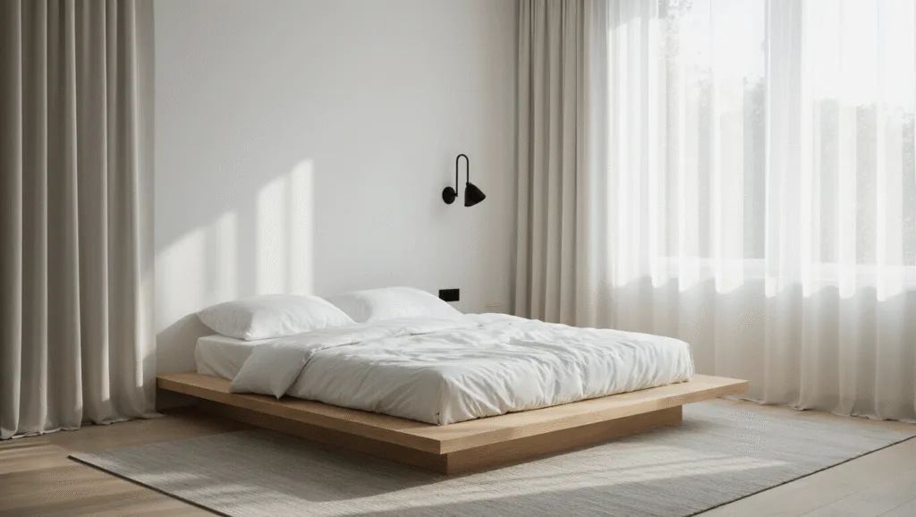 "Minimalist bedroom with low wooden platform bed, white linens, and morning light streaming through sheer curtains"