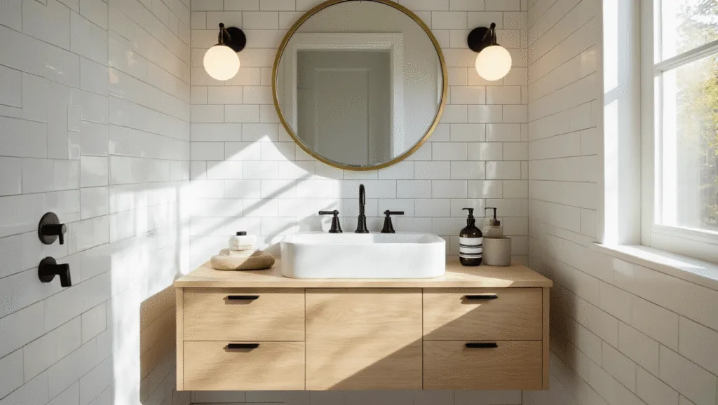 "Minimalist bathroom featuring white subway tiles, floating oak vanity, brass mirror, and matte black fixtures"