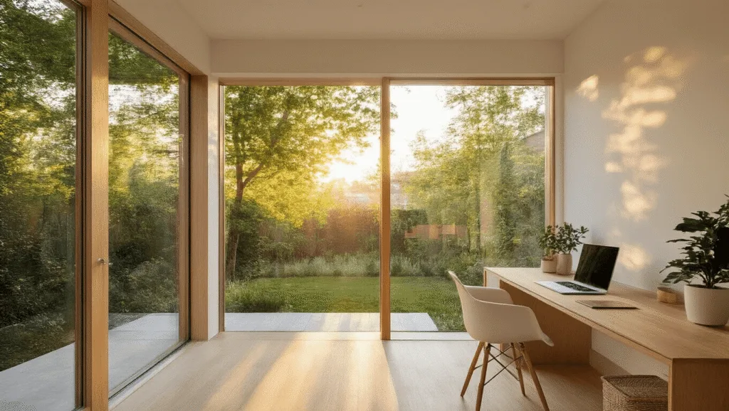 "Minimalist backyard studio with floor-to-ceiling windows, white oak interiors, and golden sunshine filtering in during the golden hour"