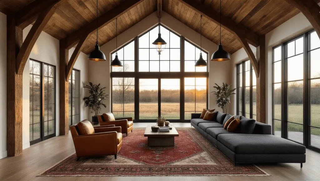 "Interior of a modern barn house with cathedral ceilings, exposed oak beams, large windows, cognac leather chairs, a charcoal sectional sofa, vintage Persian rugs, and pendant lights during golden hour"
