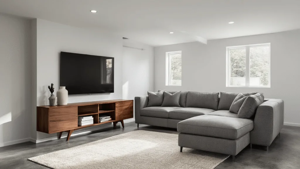 "Modern basement living space with gray sectional sofa, walnut media console, and polished concrete floors"