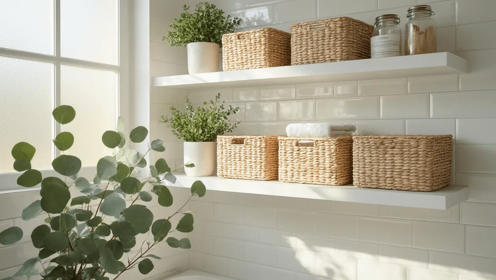 "Minimalist bathroom with white floating shelves, woven baskets, potted eucalyptus plants, and apothecary jars against subway tiles, lit by natural morning light."