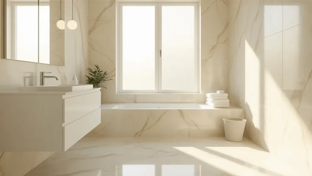 "Modern, minimalist bathroom with cream marble tiles, white vanity, and chrome fixtures bathed in soft morning light"