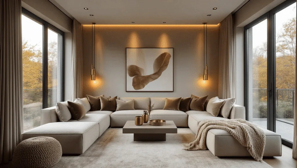 "Modern bonus room with modular furniture in neutral tones and warm lighting, with afternoon sunlight streaming through floor-to-ceiling windows"