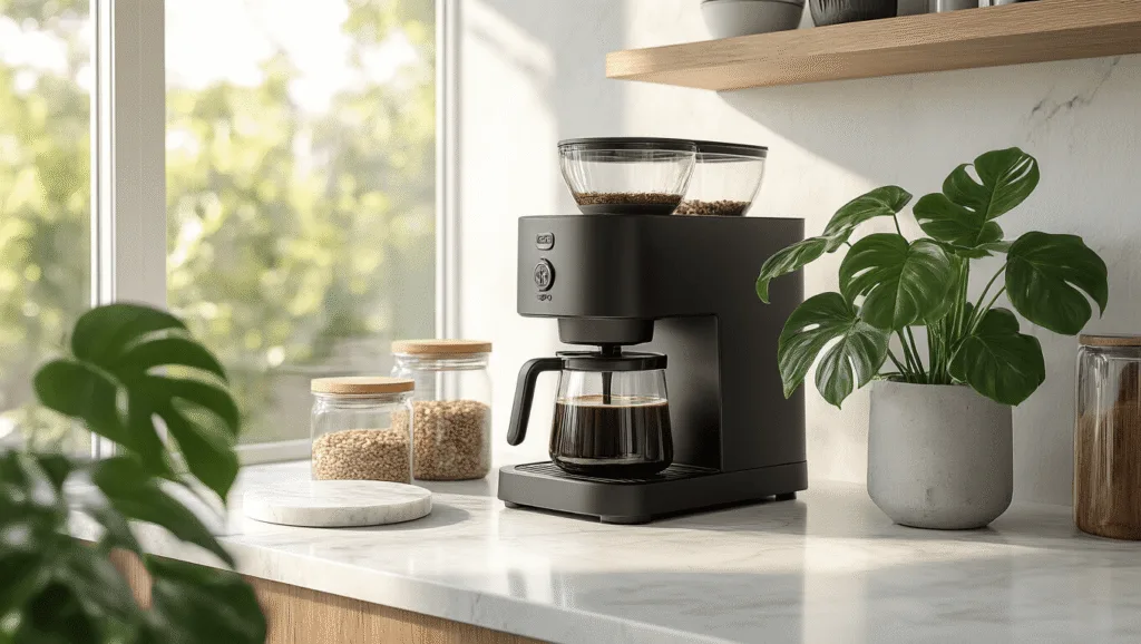 "Modern kitchen coffee bar with matte black Moccamaster, glass canisters on marble tray, monstera plant and morning sunlight through full-length windows"