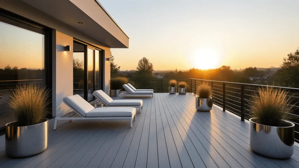 "Modern minimalist elevated deck with white loungers, gray decking, chrome planters with grasses, black railings, and warm LED lighting at sunset"