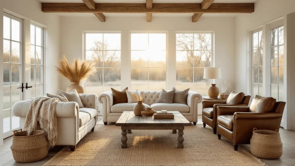 "Modern farmhouse living room with cream Chesterfield sofa, wooden coffee table, leather armchairs, layered rugs, exposed wood beams, and vintage decor, bathed in warm golden light"