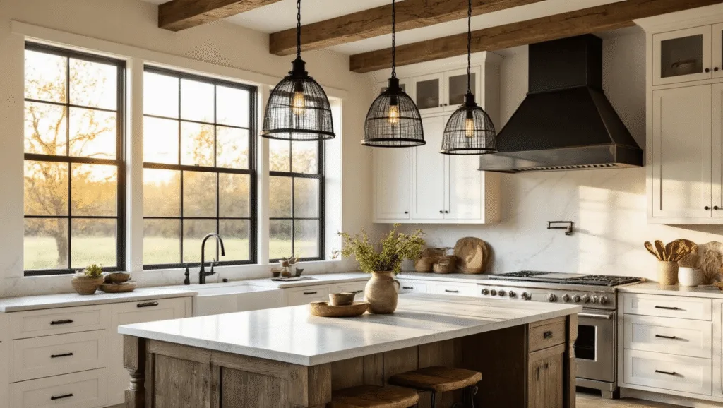 "Farmhouse kitchen with golden sunlight, black metal cage pendant lights, quartzite island, vintage accents, and white cabinetry"