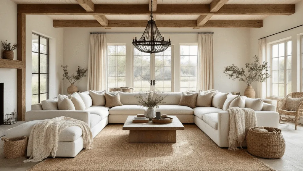 "Sunlit modern farmhouse living room with cream sectional sofa, wooden beams, rustic decor, and natural light streaming through large windows"