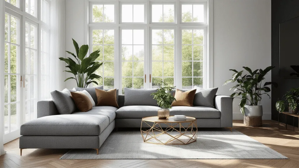 "Modern living room with grey sectional sofa, white oak herringbone floors, brass coffee table, and indoor plants bathed in natural light"