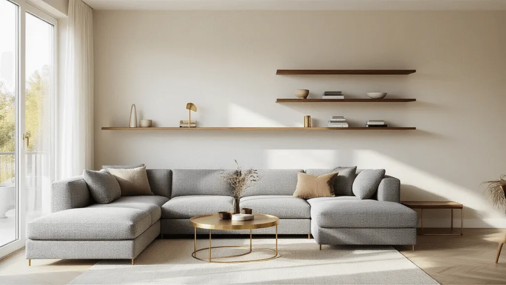 "Modern small living room with grey bouclé sofa, brass accents, floating shelves, and abundant natural light in a minimalist aesthetic"