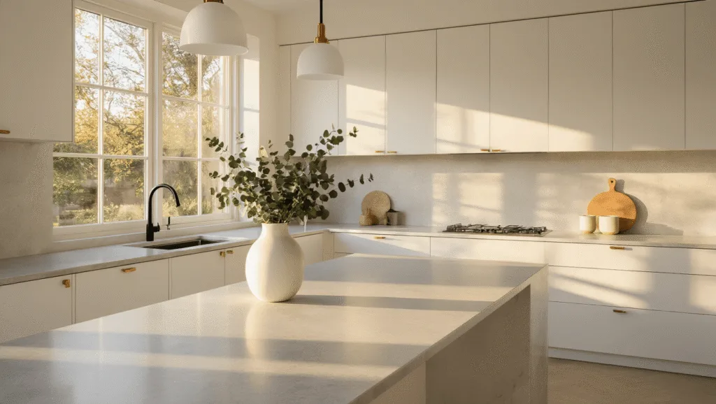 "Modern minimalist kitchen with white cabinets, quartz waterfall island, brass accents, and a single vase with eucalyptus during golden hour"