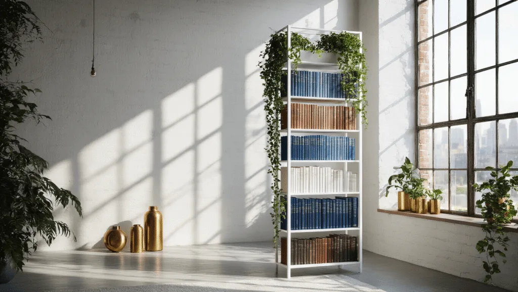 "Modern loft with tall white bookshelf arranged with ombre books, brass decorations, cascading plants, and sunlight streaming through industrial windows"