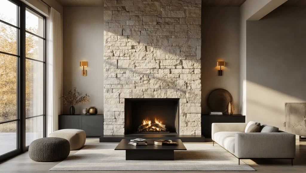 "Modern luxe living room with stacked stone fireplace, brass accents, and warm lighting"