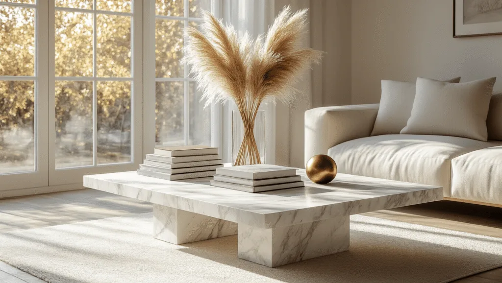 "Modern marble coffee table styled with art books, pampas grass in a clear vase, and a brass object under warm afternoon sunlight"