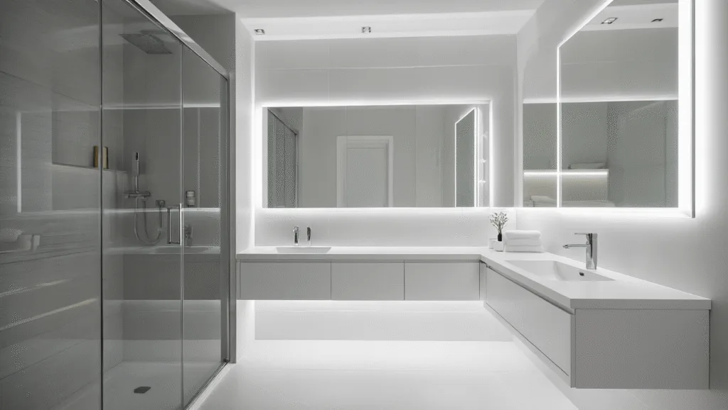 "Modern windowless bathroom with bright minimalistic design featuring white vanity, illuminated mirror, and glass shower enclosure"