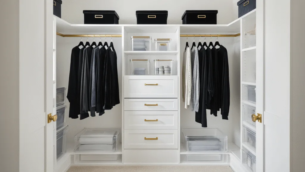 "Modern minimalist closet with white shelves, velvet hangers, clear storage boxes, and brass hardware in soft lighting"