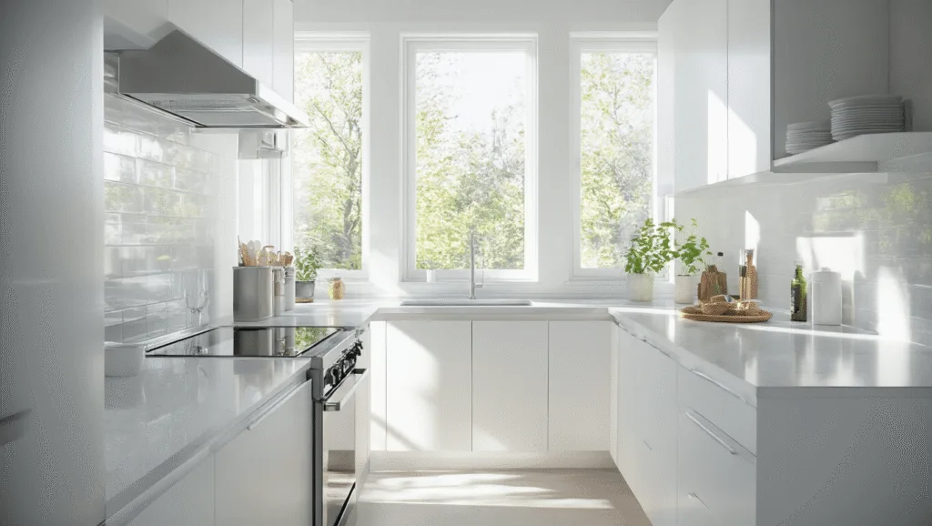 "Morning light illuminating a clean, modern minimalist kitchen with white cabinets, quartz countertops, stainless steel appliances, and vertical storage"