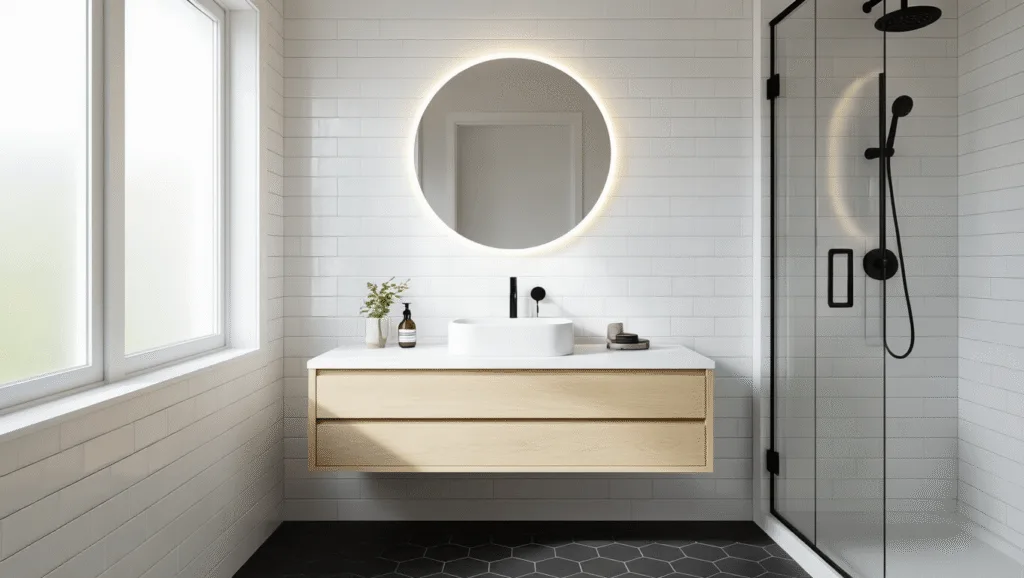 "Modern minimalist bathroom with floating bleached oak vanity, white subway tile walls, matte black fixtures, frosted window, and charcoal hexagonal tile flooring"