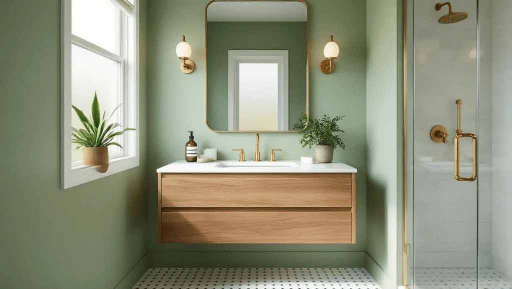 "Modern bathroom with sage green walls, floating wood vanity, brass fixtures, marble floor tiles, and natural light coming through frosted window"
