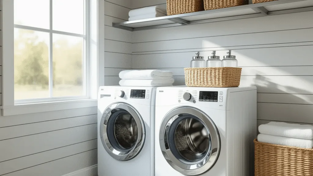 "Modern minimalist laundry room with stacked white appliances, shiplap walls, clear glass containers on chrome floating shelves, and woven baskets bathed in natural light"