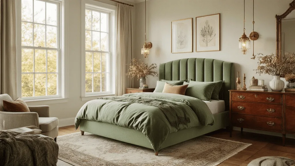 "Cozy vintage bedroom interior with sage green velvet queen bed, antique vanity and brass accents, lit by natural sunlight streaming onto hardwood floors with Persian rugs."