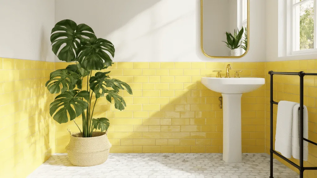 "Modern yellow bathroom with white fixtures, brass mirror, hexagonal floor tiles, waffle towels, and a monstera plant"