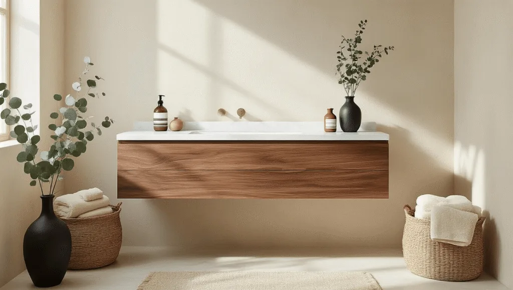 "Serene spa-inspired bathroom with floating wooden vanity, marble counter, cream walls, and natural decor illuminated by soft morning light"