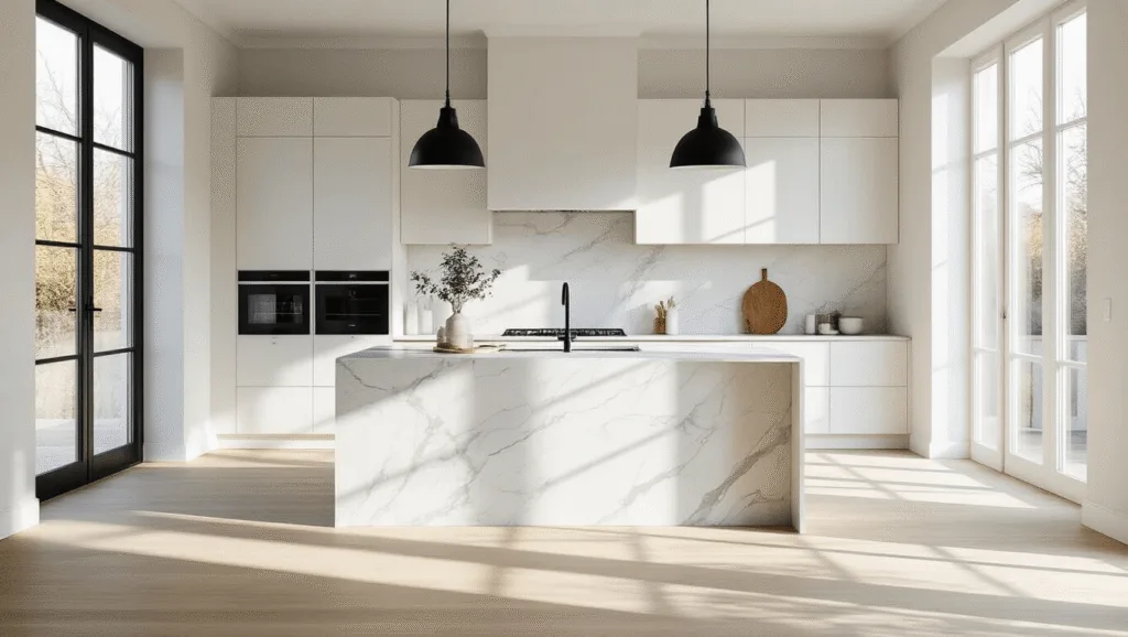 "Scandinavian kitchen with matte white cabinets, pale oak floors, and white marble island under black pendant lights, bathed in soft morning light from large windows"