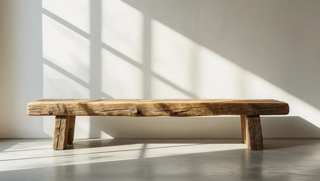 "Reclaimed wood bench in a minimalist, sunlit space, epitomizing wabi-sabi aesthetic"
