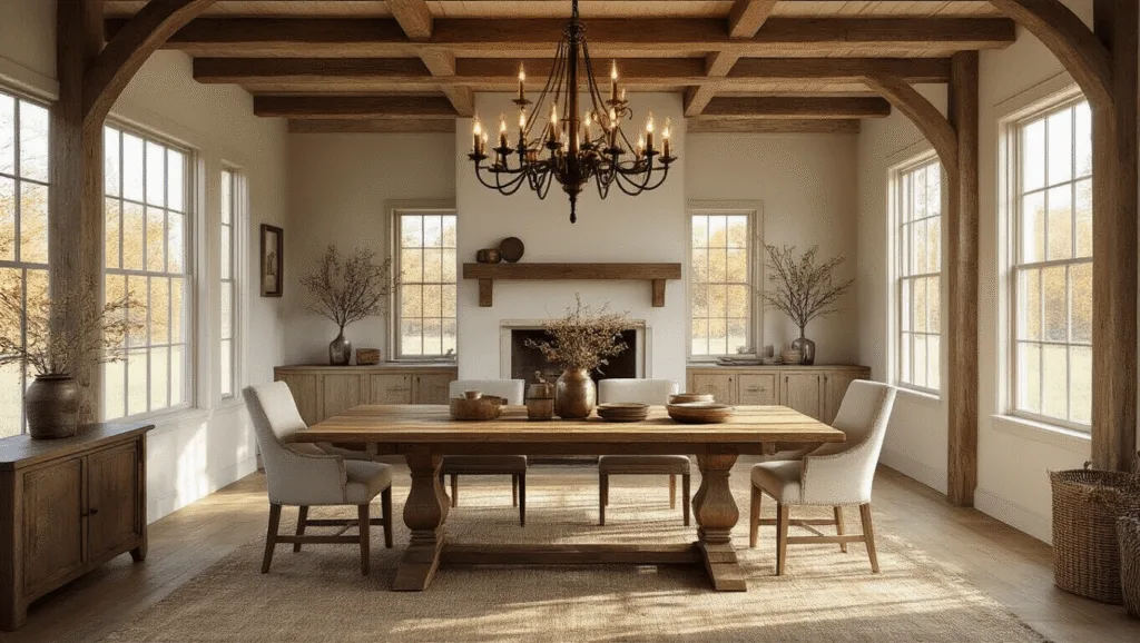 "Rustic farmhouse dining room with oak table, bronze chandelier, exposed ceiling beams, copper accents, and warm natural sunlight"