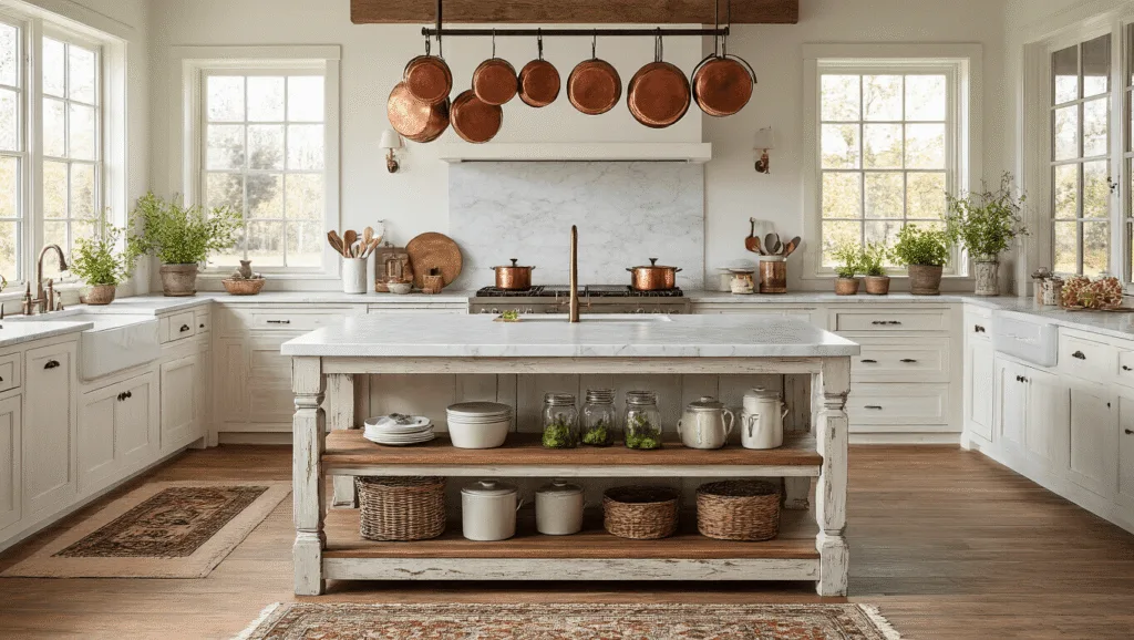"Spacious farmhouse kitchen with rustic wooden island, marble top, vintage copper pots, mason jars with fresh herbs, and bright natural light."