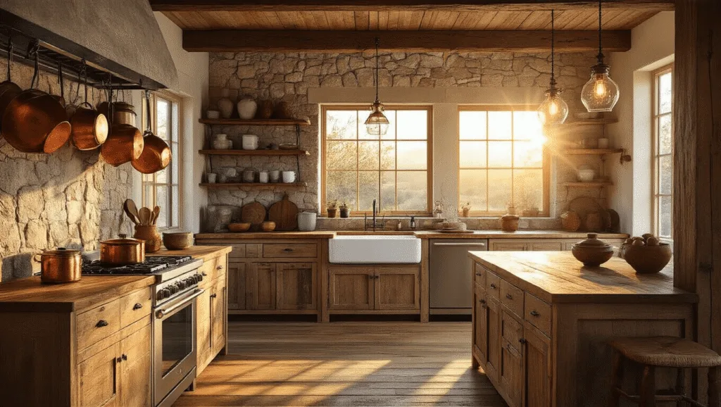 "Rustic kitchen with warm wood cabinets, stone wall, farmhouse sink, walnut island, and vintage pottery, all illuminated by golden hour sunlight and mason jar pendant lights."