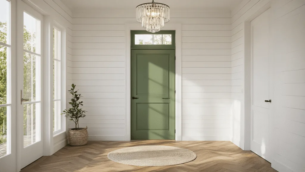 "Modern entryway with tall sage green door, white shiplap walls, and oak herringbone floor under a crystal pendant light during golden hour"
