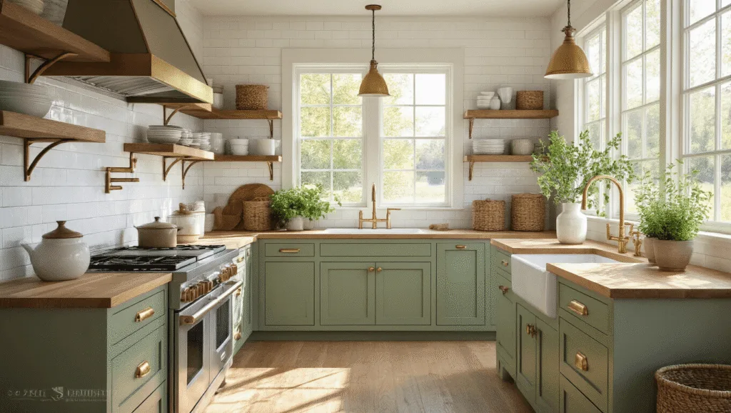"Modern farmhouse kitchen with sage green cabinets, brass hardware, wooden accents, and natural sunlight"